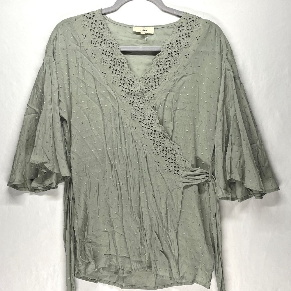 Entro Sage Green Eyelet Lace Wrap Top Bell Sleeves Boho Cottagecore Women Medium